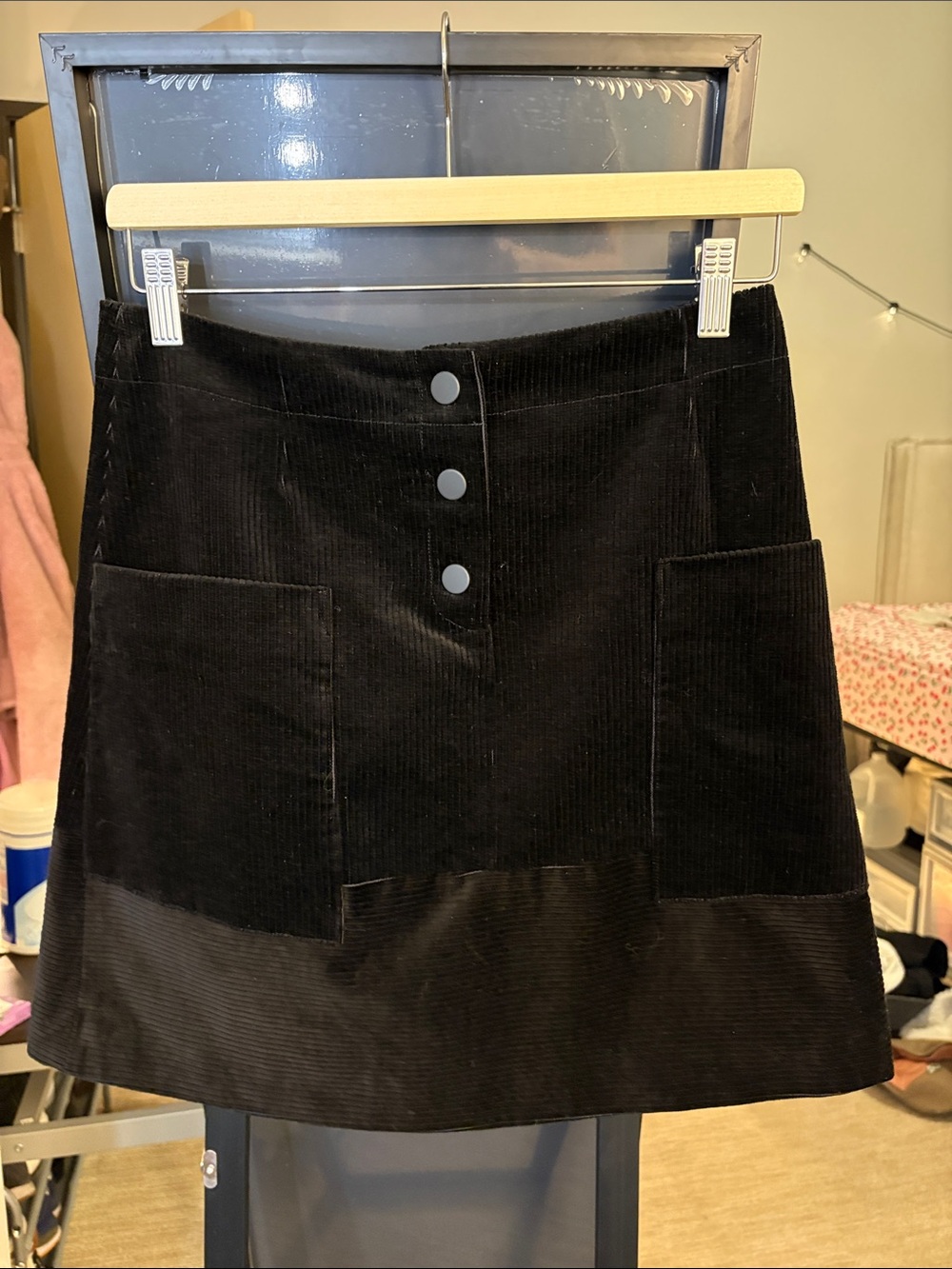 Whistles Black Corduroy Mini Skirt with Front Patch Pockets